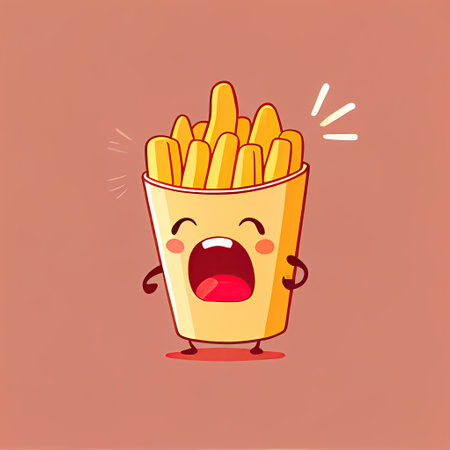 cute french fries cartoon character shows emoji loudly crying face, cartoon style, modern simple...