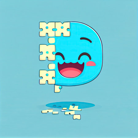 cute puzzle cartoon character shows emoji face with tears of joy, cartoon style, modern simple...