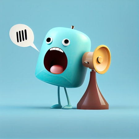cute alarm clock cartoon character shouts into megaphone, cartoon style, modern simple illustration