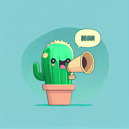 cute cactus cartoon character shouts into megaphone, cartoon style, modern simple illustrationの写真素材