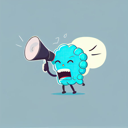 cute brain cartoon character shouts into megaphone, cartoon style, modern simple illustrationの写真素材