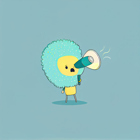cute dandelion cartoon character shouts into megaphone, cartoon style, modern simple illustrationの写真素材