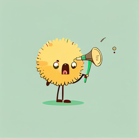 cute dandelion cartoon character shouts into megaphone, cartoon style, modern simple illustrationの写真素材