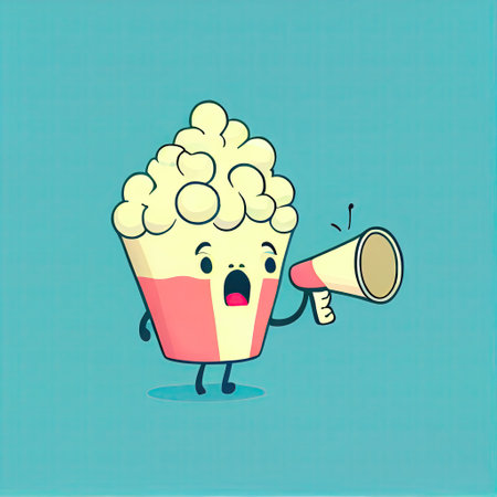 cute popcorn cartoon character shouts into megaphone, cartoon style, modern simple illustrationの写真素材