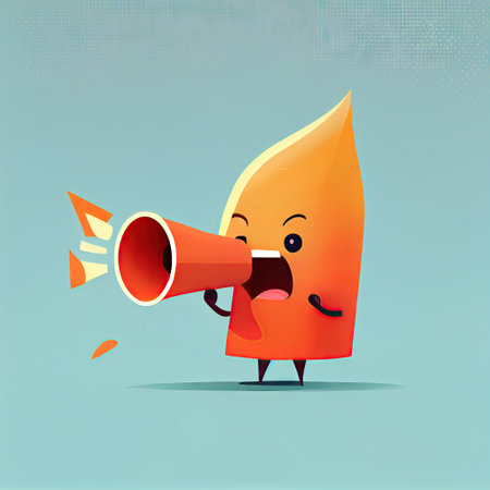 cute flame cartoon character shouts into megaphone, cartoon style, modern simple illustrationの写真素材