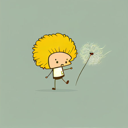 cute dandelion cartoon character run, cartoon style, modern simple illustrationの写真素材