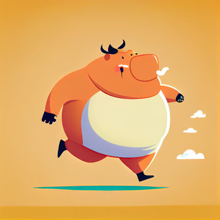 cute fat bull cartoon character run, cartoon style, modern simple illustrationの写真素材
