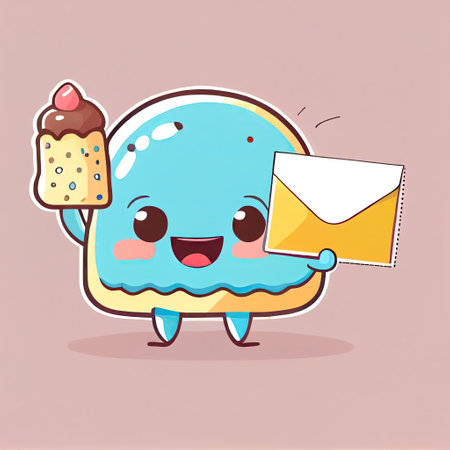 cute envelope cartoon character at a birthday party, cartoon style, modern simple illustration