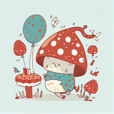 cute fly agaric cartoon character at a birthday party, cartoon style, modern simple illustrationの写真素材