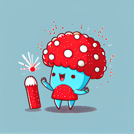 cute fly agaric cartoon character clapping firecrackers, cartoon style, modern simple illustrationの写真素材