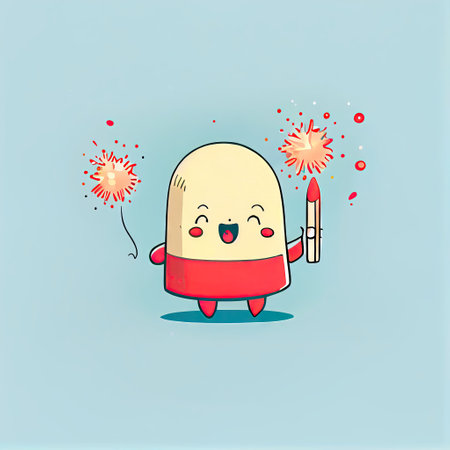 cute pin cartoon character clapping firecrackers, cartoon style, modern simple illustrationの写真素材