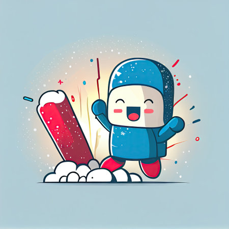 cute snowboard cartoon character clapping firecrackers, cartoon style, modern simple illustration
