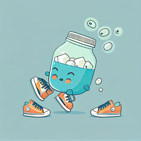 cute sneakers cartoon character drinking pills, cartoon style, modern simple illustrationの写真素材