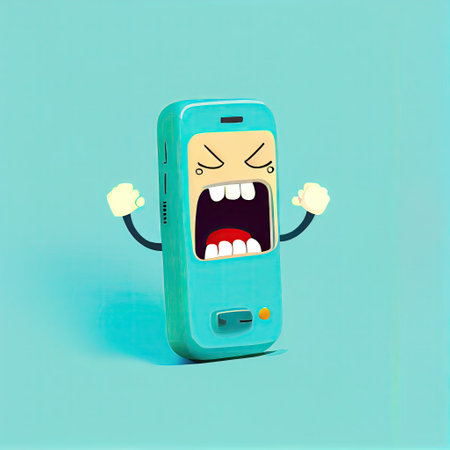 cute phone cartoon character gets angry and screams, cartoon style, modern simple illustrationの写真素材