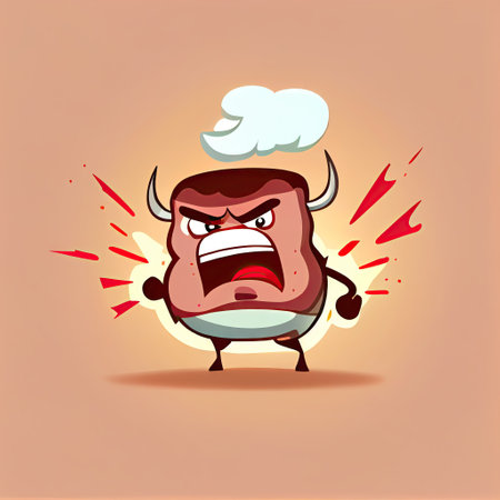 cute steak cartoon character gets angry and steam comes out of his ears, cartoon style, modern simple illustrationの写真素材