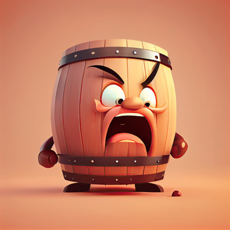 cute wooden barrel cartoon character gets angry and steam comes out of his ears, cartoon style, modern simple illustrationの写真素材