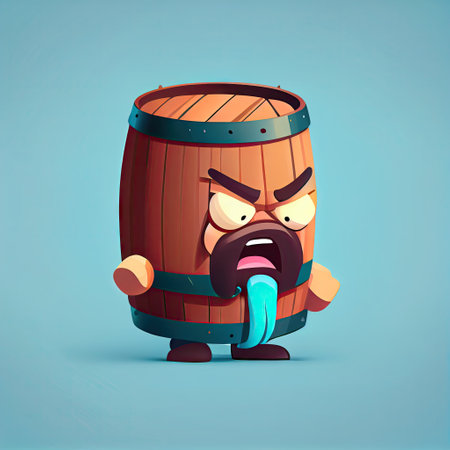 cute wooden barrel cartoon character gets angry and steam comes out of his ears, cartoon style, modern simple illustrationの写真素材