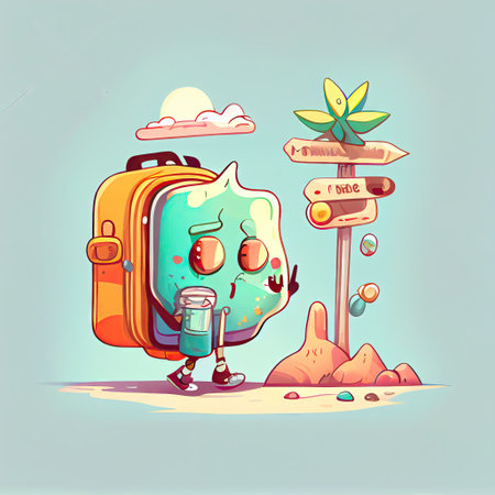 cute drug cartoon character going on vacation, cartoon style, modern simple illustrationの写真素材