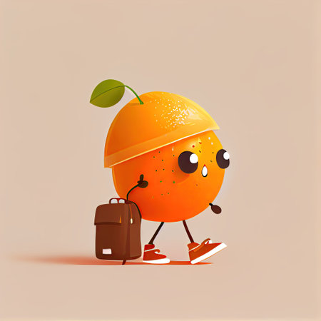 cute orange fruit cartoon character going on vacation, cartoon style, modern simple illustrationの写真素材