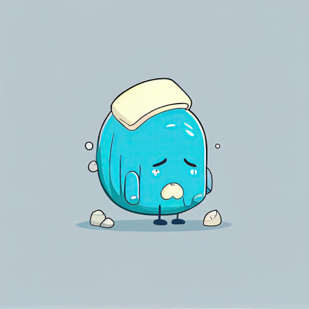 cute pill cartoon character grabs his head, cartoon style, modern simple illustrationの写真素材