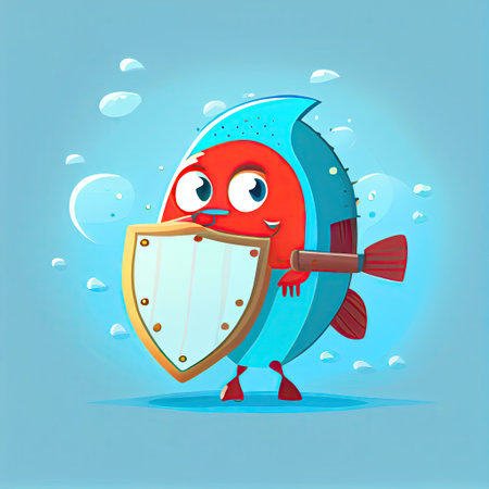 cute fish cartoon character holding a shield, cartoon style, modern simple illustrationの写真素材