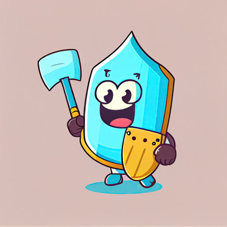 cute ski axe cartoon character holding a shield, cartoon style, modern simple illustrationの写真素材