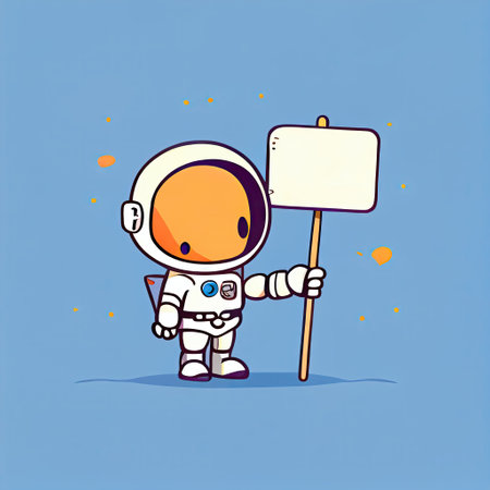cute astronaut cartoon character holds an empty sign on a stick, cartoon style, modern simple illustrationの写真素材