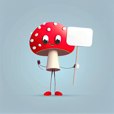 cute fly agaric cartoon character holds an empty sign on a stick, cartoon style, modern simple illustrationの写真素材