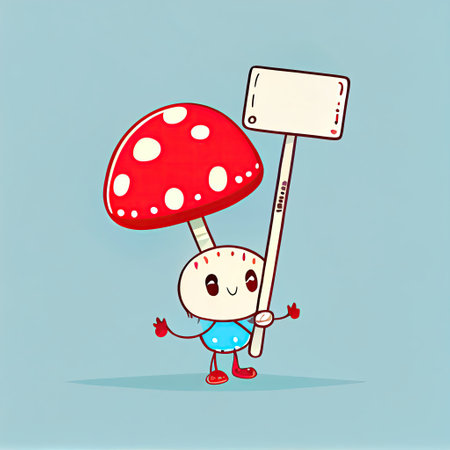 cute fly agaric cartoon character holds an empty sign on a stick, cartoon style, modern simple illustrationの写真素材