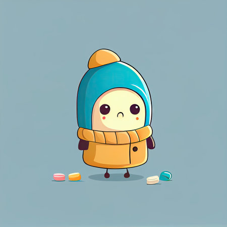 cute pill cartoon character in a scarf, cartoon style, modern simple illustrationの写真素材