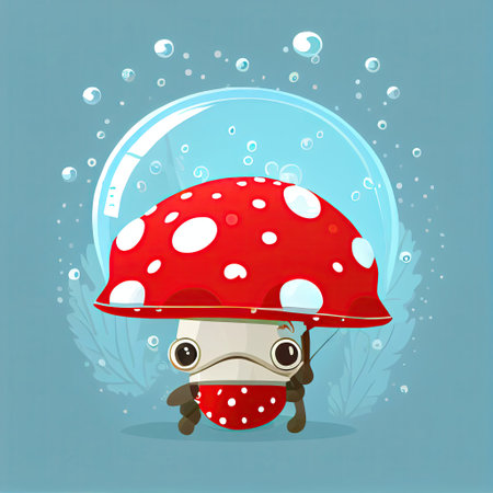 cute fly agaric cartoon character in an underwater mask with a tube, cartoon style, modern simple illustrationの写真素材