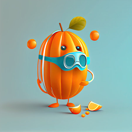 cute orange fruit cartoon character in an underwater mask with a tube, cartoon style, modern simple illustrationの写真素材
