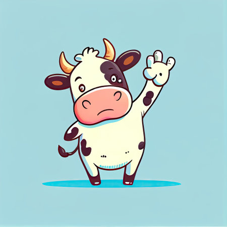 cute cow cartoon character making gesture high five, cartoon style, modern simple illustrationの写真素材