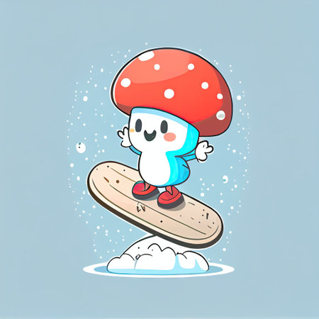 cute fly agaric cartoon character on a snowboard, cartoon style, modern simple illustrationの写真素材