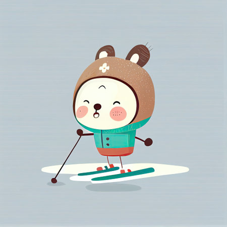 cute ear cartoon character on skis, cartoon style, modern simple illustrationの写真素材