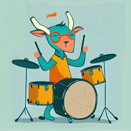 cute goat cartoon character plays drums, cartoon style, modern simple illustrationの写真素材