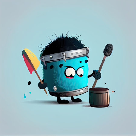 cute paint brush cartoon character plays drums, cartoon style, modern simple illustrationの写真素材