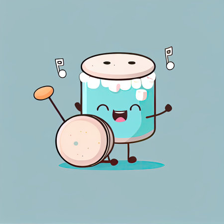 cute pill cartoon character plays drums, cartoon style, modern simple illustrationの写真素材