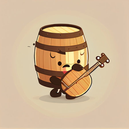 cute wooden barrel cartoon character plays guitar, cartoon style, modern simple illustrationの写真素材