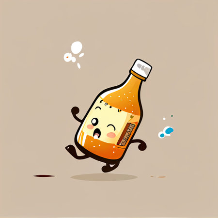 cute beer bottle cartoon character quickly runs away, cartoon style, modern simple illustrationの写真素材