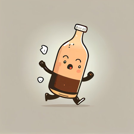 cute beer bottle cartoon character quickly runs away, cartoon style, modern simple illustrationの写真素材