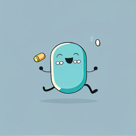 cute pill cartoon character run, cartoon style, modern simple illustrationの写真素材