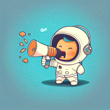 cute astronaut cartoon character shouts into megaphone, cartoon style, modern simple illustrationの写真素材