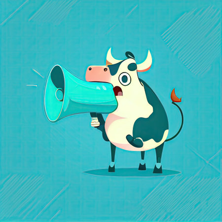 cute cow cartoon character shouts into megaphone, cartoon style, modern simple illustrationの写真素材