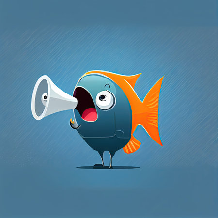 cute fish cartoon character shouts into megaphone, cartoon style, modern simple illustration