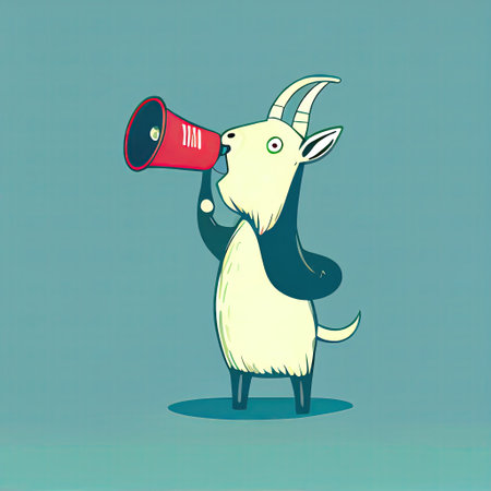 cute goat cartoon character shouts into megaphone, cartoon style, modern simple illustrationの写真素材