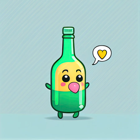 cute beer bottle cartoon character shows emoji face throwing a kiss, cartoon style, modern simple illustrationの写真素材