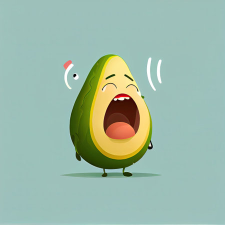 cute avocado cartoon character shows emoji loudly crying face, cartoon style, modern simple illustrationの写真素材