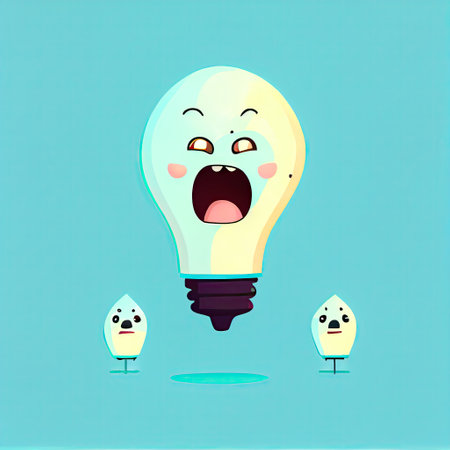 cute light bulb cartoon character shows emoji loudly crying face, cartoon style, modern simple illustrationの写真素材