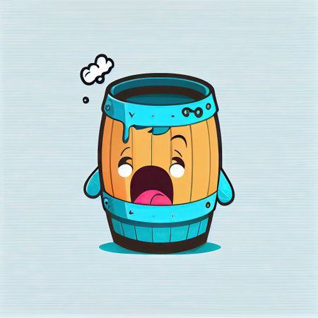 cute wooden barrel cartoon character shows emoji loudly crying face, cartoon style, modern simple illustrationの写真素材